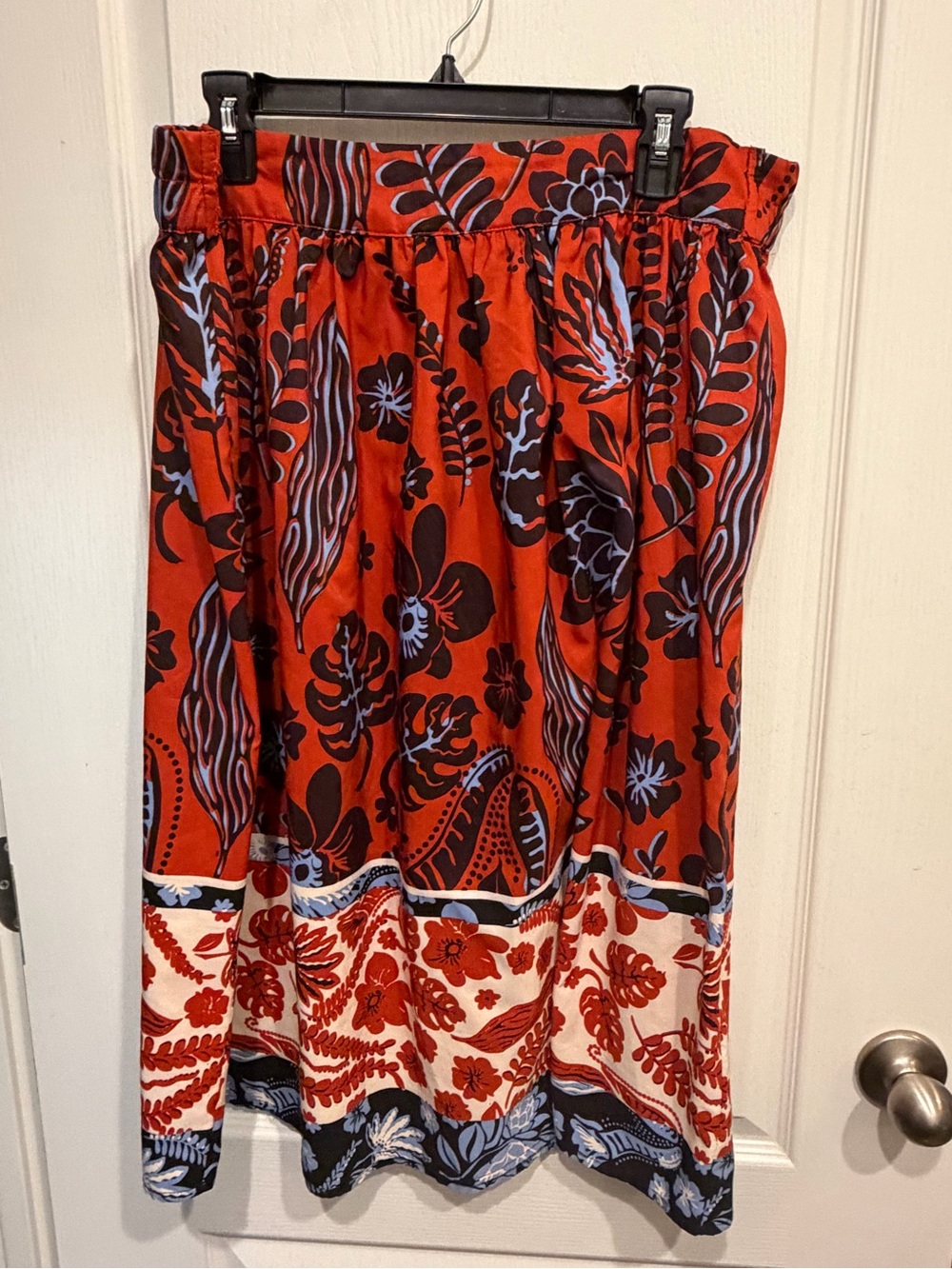 Red Floral A-Line Midi Skirt with Border Print